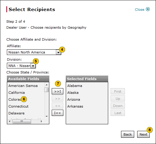 Select dealer users by geography, step 2 of 4.